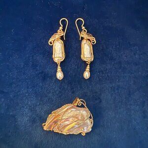 Wire Wrapped Gold & Pearl Hand Crafted Jewelry Set Faux Gold w/ Abalone & Pearl
